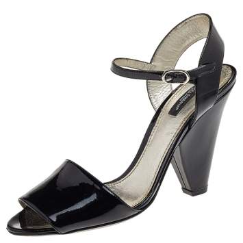 Pre Owned Dolce & Gabbana Black Patent Leather Open Toe Ankle Strap Sandals Size 39.5