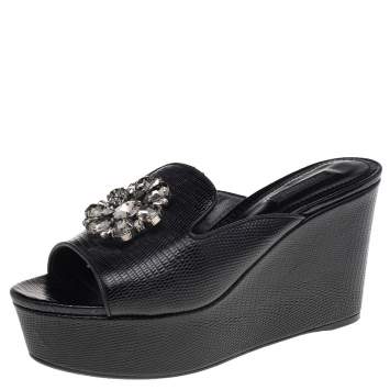 Pre Owned Dolce & Gabbana Black Lizard Embossed Leather Crystal Embellished Wedge Sandals Size 38