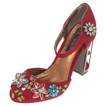 Pre Owned Dolce & Gabbana Red Embellished Jacquard Bird Cage Mary Jane Pumps Size 38