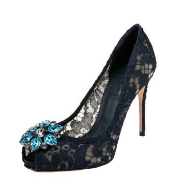 Pre Owned Dolce & Gabbana Navy Blue  Lace And Mesh Crystal Embellished Peep Toe Pumps Size 37.5
