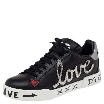 Pre Owned Dolce & Gabbana Black Leather Love Patch And Graffiti Low Top Sneakers Size 36.5