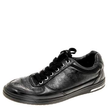 Pre Owned Dolce & Gabbana Black Leather Monogram Embossed Low Top Sneakers Size 38
