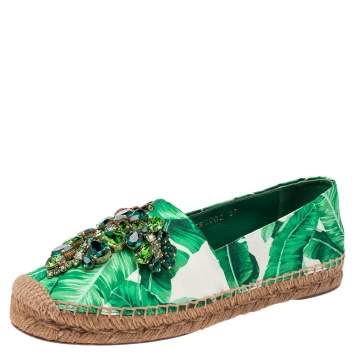 مملوكة مسبقًا Dolce & Gabbana Green/White Floral Print Satin Embellished Espadrille Flats Size 37