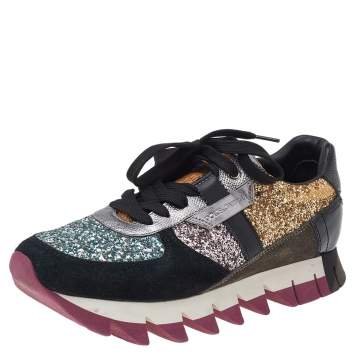 Pre Owned Dolce & Gabbana Multicolor Glitter, Leather, Patent Leather, And Suede Low Top Sneakers Size 38