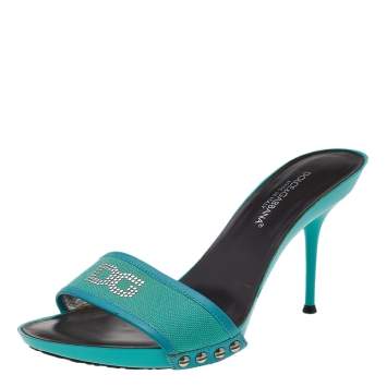 Pre Owned Dolce & Gabbana Blue Canvas And Leather Embellished Slide Sandals Size 39