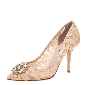 Pre Owned Dolce & Gabbana Beige Lace Bellucci Crystal Embellished Pumps Size 41