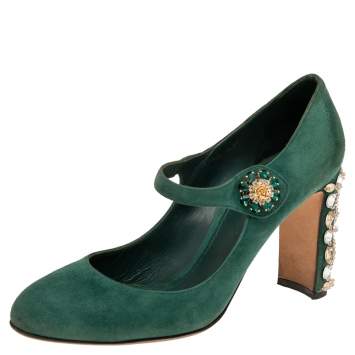 Pre Owned Dolce & Gabbana Green Suede Crystal Embellished Mary Jane Pumps Size 40