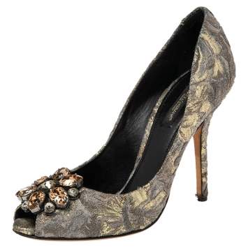 Pre Owned Dolce & Gabbana Gold/Grey Lurex Fabric Floral Bellucci Crystal Embellished Pumps Size 37