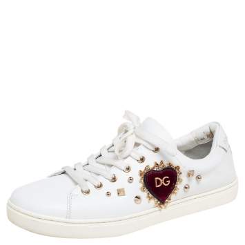 Pre Owned Dolce & Gabbana White  Leather Embellished Portofino Sneakers Size 40.5