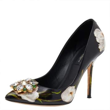 Pre Owned Dolce & Gabbana Black Floral Print Leather Crystal Embellished Pointed Toe Pumps Size 39