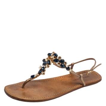 Pre Owned Dolce & Gabbana Beige Leather Crystal Embellished Ankle Strap Flat Thong Sandals Size 39.5