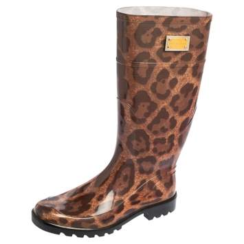 Pre Owned Dolce & Gabbana Black/Gold Leopard Print PVC Mid calf Rain Boots Size 38