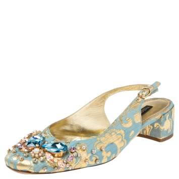 Pre Owned Dolce & Gabbana Blue/Gold Brocade Fabric Crystal Embellished Slingback Pumps Size 37