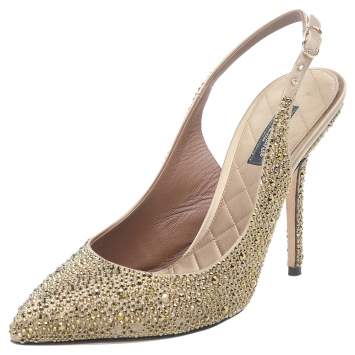 Pre Owned Dolce & Gabbana Gold Crystal Embellished Satin Slingback Pumps Size 39.5