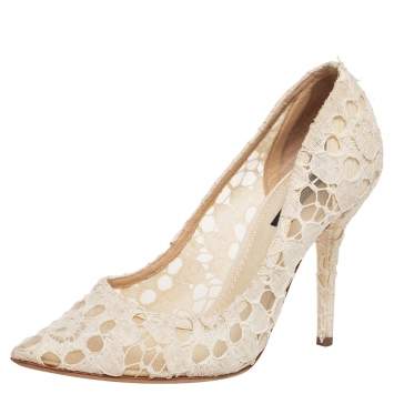 Pre Owned Dolce & Gabbana Off White Lace Pointed Toe Pumps Size 38