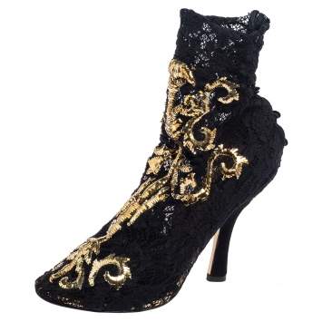 Pre Owned Dolce & Gabbana Black Lace Embellished Peep Toe Booties Size 39