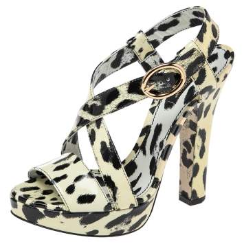 Pre Owned Dolce & Gabbana Cream-Black Patent Leather Ankle Strap Platform Sandals Size 39