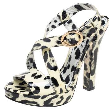 Pre Owned Dolce & Gabbana Cream/Black Patent Leather Leopard Print Ankle Strap Platform Sandals Size 40
