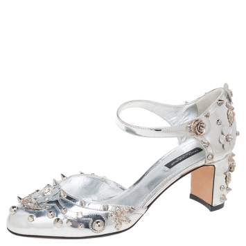 Pre Owned Dolce & Gabbana Metallic Silver Leather Embellished Block Heel Ankle Strap Sandals Size 38