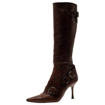 Pre Owned Dolce & Gabbana Brown Leather Buckle Detail Tall Pointed Boots Size 37