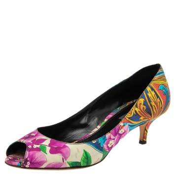 Pre Owned Dolce & Gabbana Multicolor Canvas  Floral Peep Toe Pumps Size 39