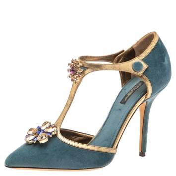 Pre Owned Dolce & Gabbana Blue Velvet Crystal Embellished Ankle Strap Sandals Size 39