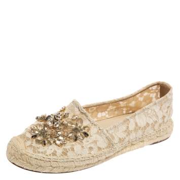 مملوكة مسبقًا Dolce & Gabbana Beige Lace Crystal Embellished Espadrilles Size 40