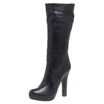 Pre Owned Dolce & Gabbana Black Leather Mid Calf  Platform Boots Size 39