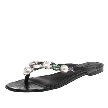 Pre Owned Dolce & Gabbana Black Leather Crystal Embellished Thong Flat Sandals Size 36.5