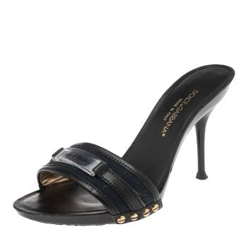 Pre Owned Dolce & Gabbana Black/Blue Canvas And Leather Slides Size 36