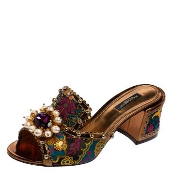 Pre Owned Dolce & Gabbana Multicolor Brocade Fabric Embellished Mule Sandals Size 37