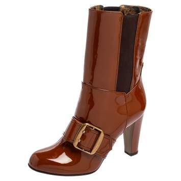 Pre Owned Dolce & Gabbana Brown Patent Leather Buckle Mid Calf Boots Size 38