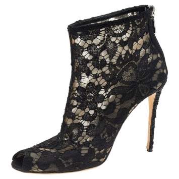 Pre Owned Dolce & Gabbana Black Lace Peep Toe Ankle Length Boots Size 39.5