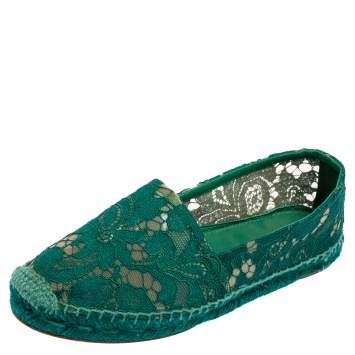 مملوكة مسبقًا Dolce & Gabbana Green Floral Lace and Mesh Espadrille Flats Size 37