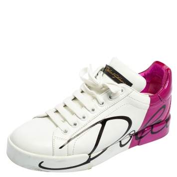 Pre Owned Dolce & Gabbana White/Purple Leather Portofino Low Top Sneakers Size 37.5