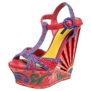 Pre Owned Dolce & Gabbana Multicolor Woven Raffia Carretto Print Platform Wedge Sandals Size 40