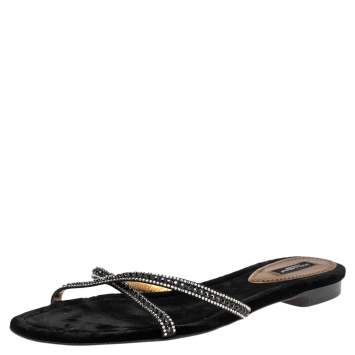 Pre Owned Dolce & Gabbana Black Velvet Crystal Embellished  Flat Sandals Size 41