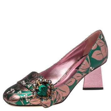 Pre Owned Dolce & Gabbana Green/Pink Brocade Fabric Embellished Block Heel Pumps Size 37