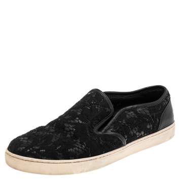 Pre Owned Dolce & Gabbana Black Lace and Leather Slip On Sneakers Size 40