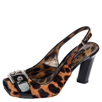 Pre Owned Dolce & Gabbana Brown/Black Leopard Calf Hair and Patent Leather Buckle Slingback Pumps Size 37.5