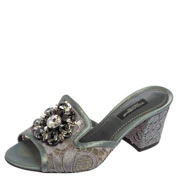 Pre Owned Dolce&Gabbana Grey Lace Sofia Crystal Embellished Slides Size 35