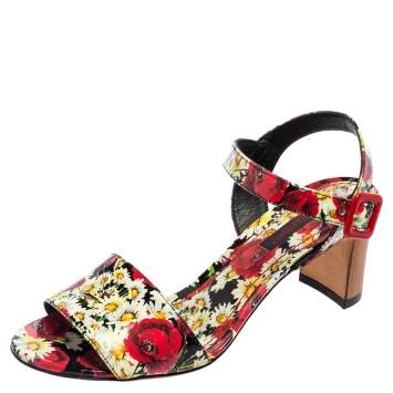 Pre Owned Dolce & Gabbana Multicolor Patent Leather Flower Print Ankle Strap Sandals Size 35