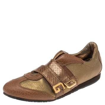 Pre Owned Dolce & Gabbana Brown/Gold Python Embossed Leather Low Top Sneakers Size 39