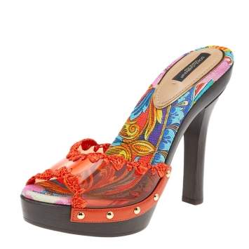 Pre Owned Dolce & Gabbana Orange PVC And Raffia Platform Slide Sandals Size 39