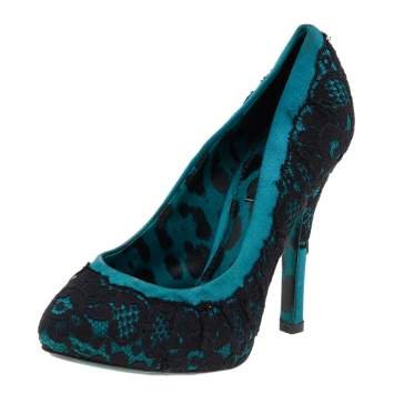 Pre Owned Dolce & Gabbana Green/Black Lace and Satin Pumps Size 35