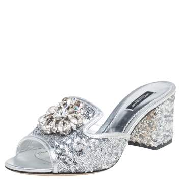 Pre Owned Dolce & Gabbana Silver Sequins and Leather Trim Crystal Embellished Block Heel Slide Sandals Size 37