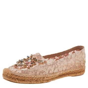 Pre Owned Dolce & Gabbana Beige Lace Embellished Espadrille Flat Size 38