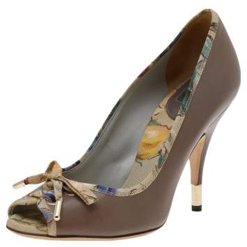 Pre Owned Dolce & Gabbana Grey Leather And Fabric Bow Pumps Size 36.5