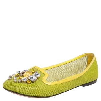 مملوكة مسبقًا Dolce & Gabbana Green/Yellow Woven Leather And Patent Trim Crystal Embellished Ballet Flats Size 38