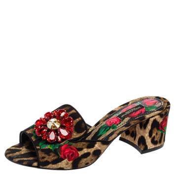 Pre Owned Dolce & Gabbana Brown Animal and Floral Print Fabric Crystal Embellished Slide Sandals Size 38
